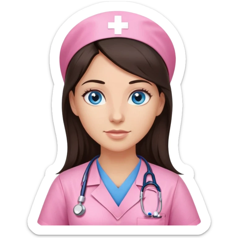 Female nurse, Very long dark brunette hair, blue eyes,medium skin- tone, skin, pink scrubs, without hat sticker