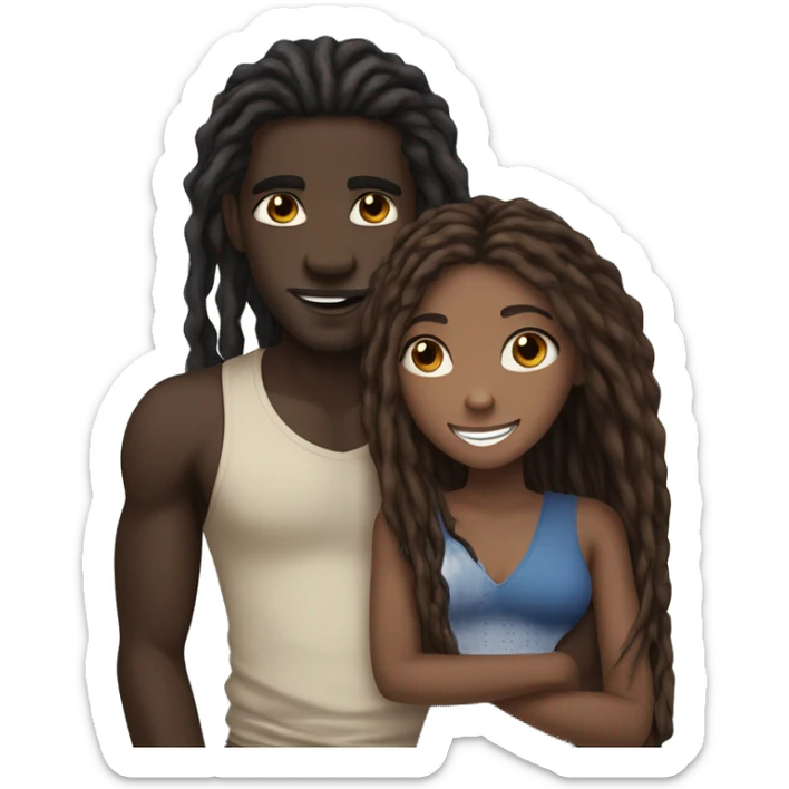 darkskin male with long dreads and blue eyes hugging a light brownskin woman with long dark brown hair and a nice smile sticker