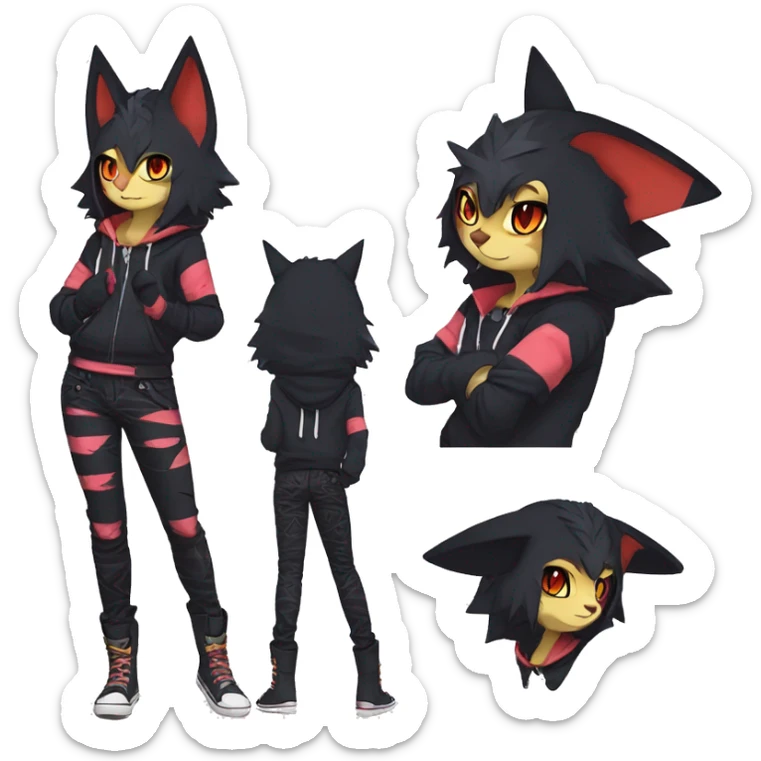 Cool Anthro Black Noibat-Quilava-Litten-Pokémon with edgy stripes hoodie spiked collar punk Full Body sticker