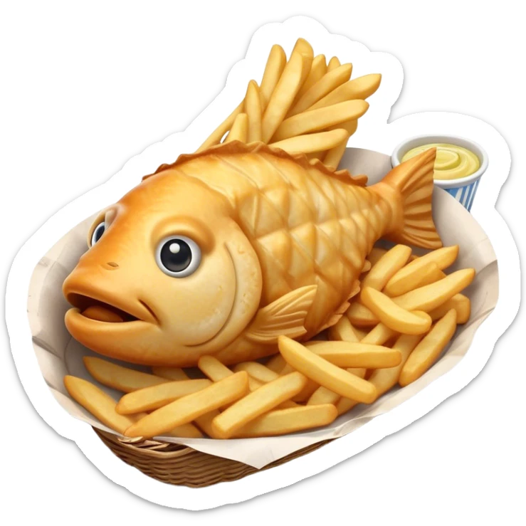 Cinematic Realistic Fish and Chips Dish Emoji, depicted with crispy golden battered fish and chunky hand‚Äêcut chips served in traditional newspaper wrapping, rendered with mouth‚Äêwatering texture and warm natural lighting that captures its quintessential British charm. sticker