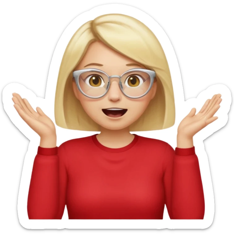 emoji style, waist-up woman with light skin, blonde bob hair, white cat-eye glasses, red shirt, both hands cupped around her mouth, shouting with joy on simple light background sticker