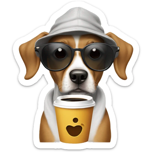Dog sippingba coffee wearing hat hoodie and sunglasses with long ears sticker