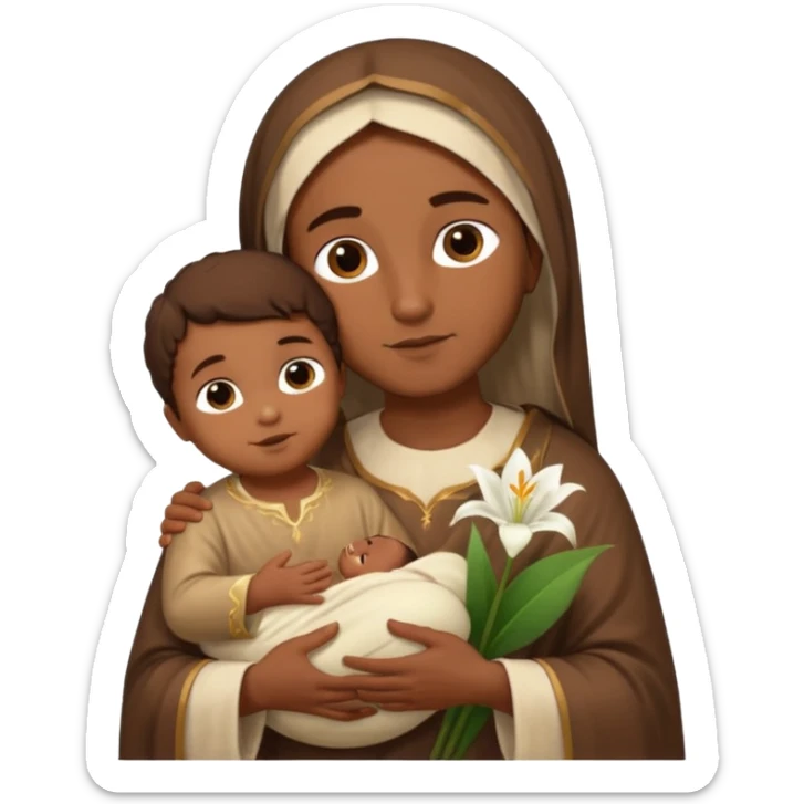 Santo Antônio with brown tunic, holding Baby Jesus and a white lily, serene and friendly expression sticker