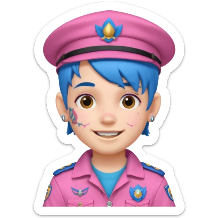 scout boy with very pink scout uniform, blue haired and hat, heavy face tattoed sticker