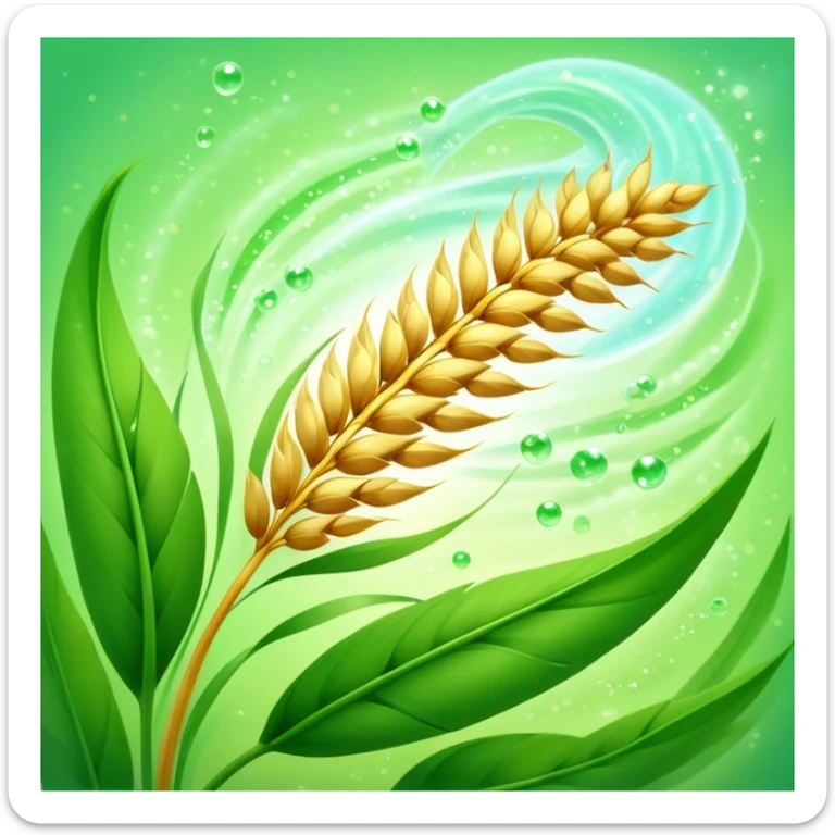 Golden wheat ear floating among green leaves and bright particles, spinning around an ethereal digestive system with soft light texture, while subtle cleansing waves pass through the air like a purifying spell sticker