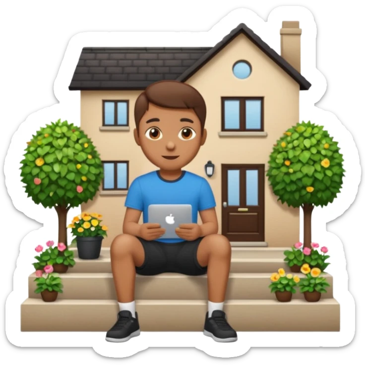 a home which has garden like and the home has slack emoji, where on the house steps, a blob chratcter holding black mac should sit and should look like wiork sticker