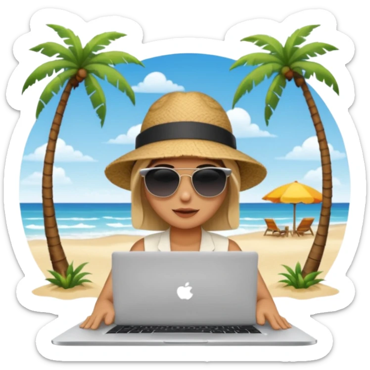  An open laptop on the beach. bildschirm ist schwarz und im hintergrund sind palmen, meer sticker