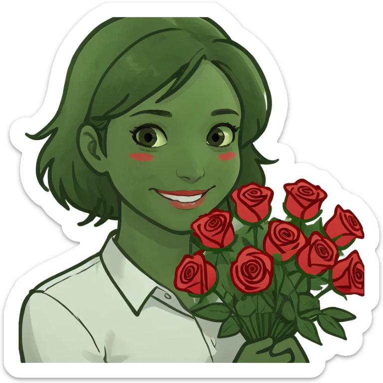 male memoji, handsome man in white shirt, holding a big bouquet of red roses, gentle smile, soft romantic eyes sticker