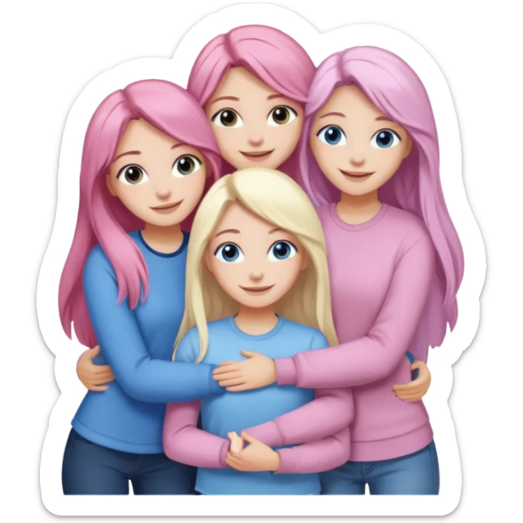 four white girlfriends hugging and smiling    2 girls with brown eyes and long dark brown hair. One with long light pink hair and blue eyes, one girl with blue eyes and light blonde hair sticker