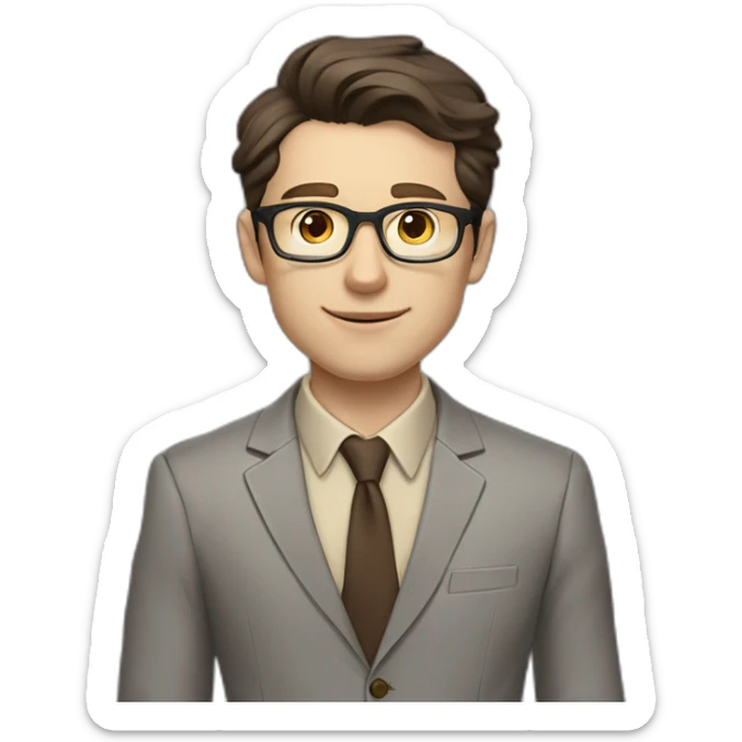 Pale skinned fit man with dark brown hair in gray jacket, beige office shirt, brown tie, brown pants and vintage glasses Writing on the tablet sticker