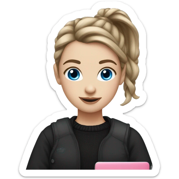 caucasian white IT girl student, holding pink laptop, blue eyes, brown hair ponytail wearing a thick black sweater sticker