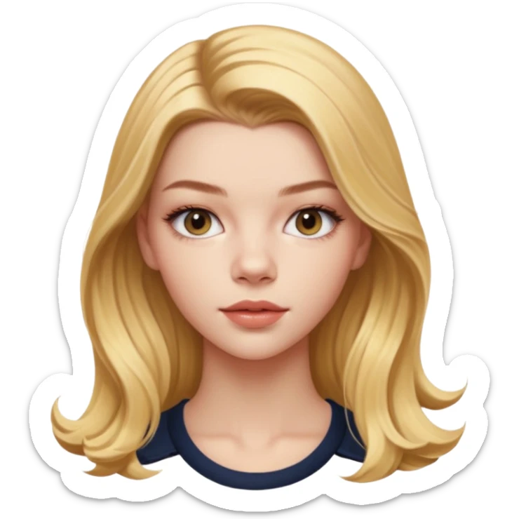 Cinematic Realistic Anya Taylor Joy Portrait, depicted with lifelike skin texture, subtle rosy undertones, and soft natural lighting that enhances the gentle contours of her face. Her intricately detailed golden blonde hair is elegantly. sticker