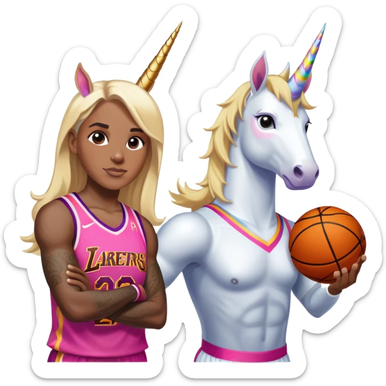 Lebron James super buff  cool 6th grader with cool pretty blond adult girl in basketball unicorns sticker