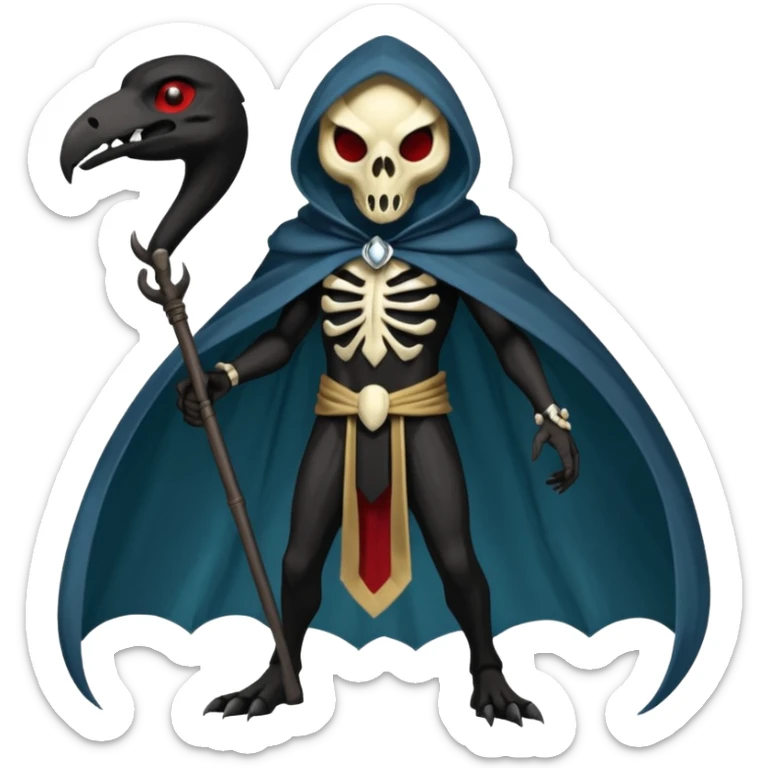 Shiny Dark Edgy  Duskull-Salandit-Inteleon-Fakémon-hybrid-creature (full body) with a bird-skull-mask and a cloak-cape sticker