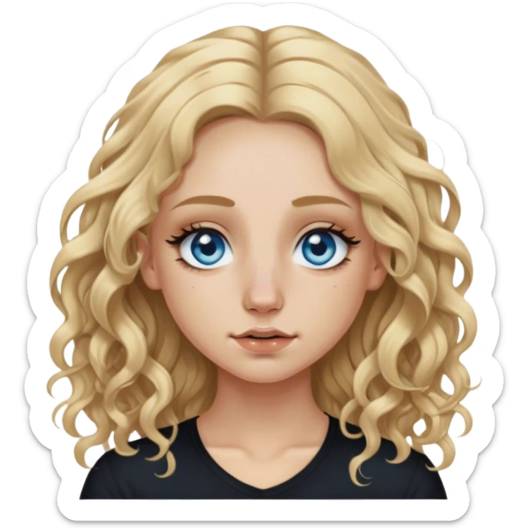 blonde polish girl, long and curly dirty blonde hair in a middle part, long eyelashes, blue eyes, black shirt, nose piercing on both sides  sticker