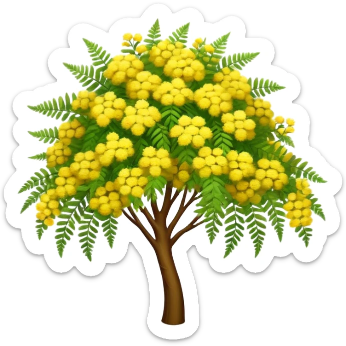 Cinematic Realistic Acacia Emoji, Bright and cheerful, with clusters of fluffy yellow flowers blooming along delicate branches. The wattle’s soft, fern-like leaves sway in the breeze, radiating a sense of warmth and joy. Soft glowing outline, capturing the essence of Australian sunshine, warmth, and beauty in a vibrant acacia tree! sticker