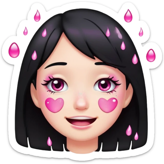 black hair girl crying with pink glitter tears, smiling, emoji style sticker