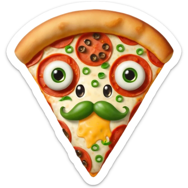 Make a photo of a pizza with pepperonis from eyes and mushroom from the nose and green bell pepper from the mouth and mustache sticker
