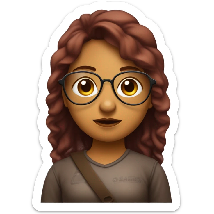 Chica con piel clara, ojos marrónes, pelo ondulado por encima del pecho y castaño que lleva gafas metálicas grandes de color granate y está envuelta en una manta sticker