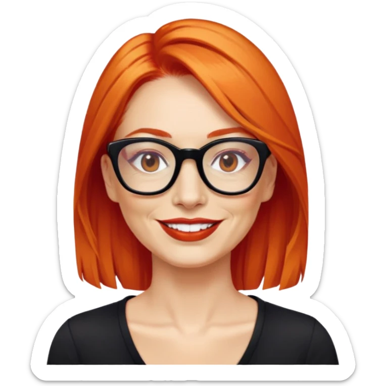 nữ 40 tuổi, da trắng,môi đỏ thẫm, tóc búi gọn gàng màu cam, đeo kính đen, mặt cười tươi, hơi có nếp nhăn, áo đen sticker