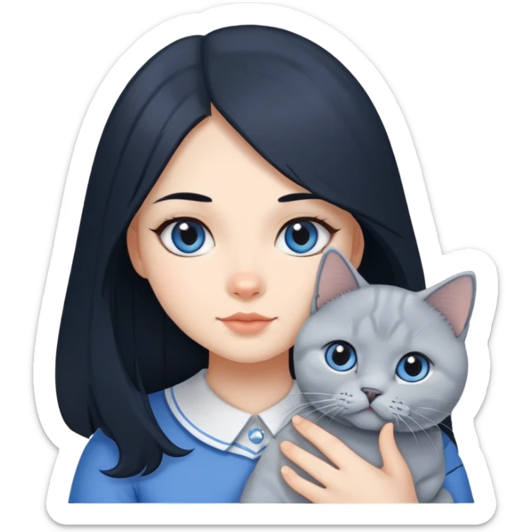 A girl with long black hair is holding a blue and white British shorthair sticker