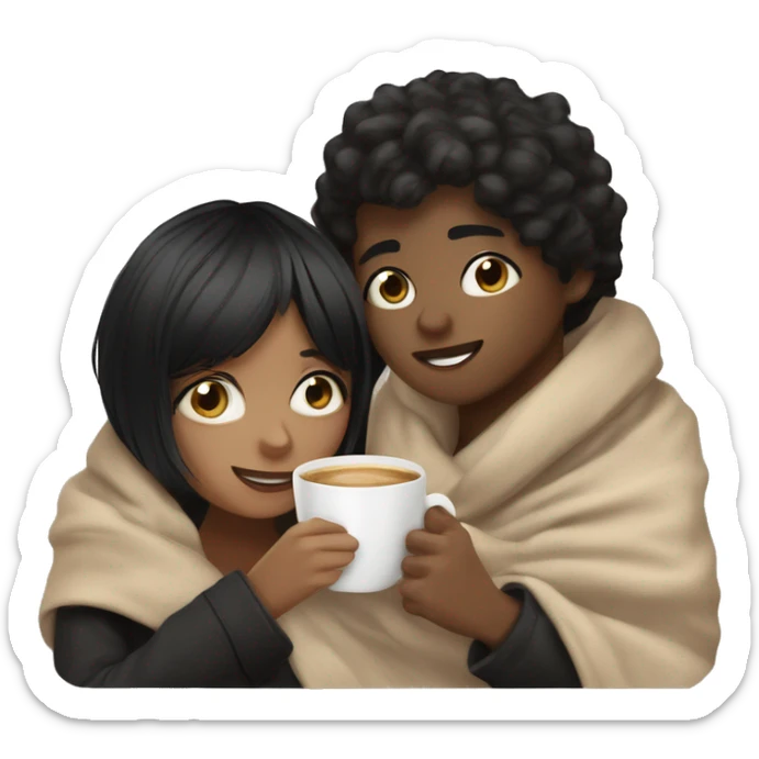 BROWN SKIN BOY, with BLACK SHORT HAIR and a TAN SKIN GIRL, with BLACK HAIR and BANGS, inside a blanket sipping coffee sticker