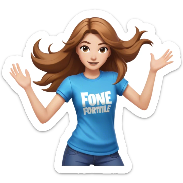 White girl with light long brown hair dancing with Fortnite shirt sticker