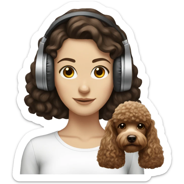 White girl, dark hair in headphones with brown poodle sticker