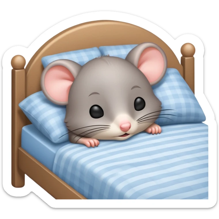 Crea una imagen de un rato adorable gris parecido a este 🐭 donde este duermiendo en una cama y de su cabeza aparezca esto 💤 indicando q está muy dormido.  sticker