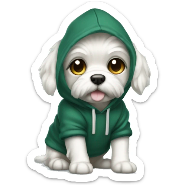 Dog white cute mini maltaise wearing a dark green hoodie  sticker