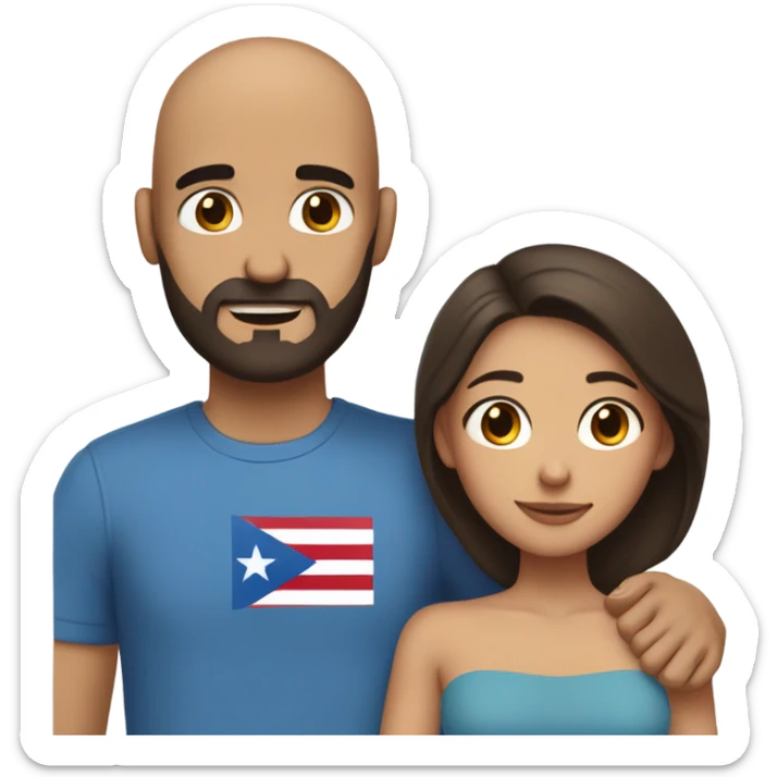 Comforting hug from brunette Puerto Rican with dark brown eyes wearing a cute blue top to short, bald man with brown eyes and a beard sticker