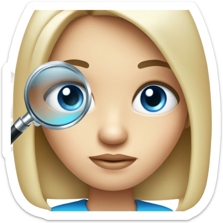 white girl with black hair and blue eyes with magnifying glass and a suspicious look sticker