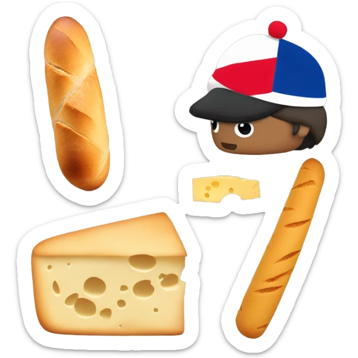 normal emoji with a beret and in the back the eifell tower and a baguette and some cheese sticker