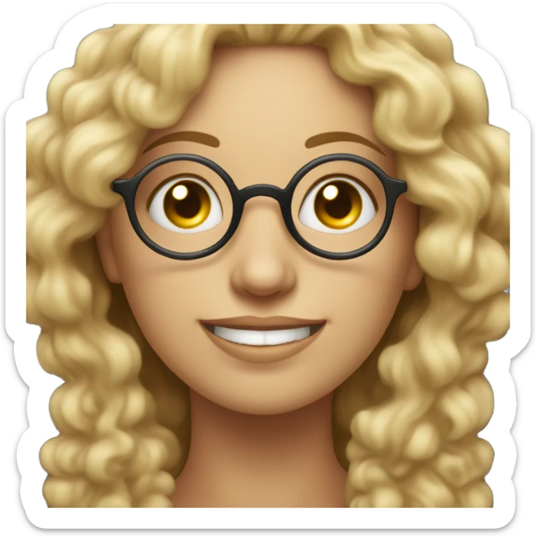 A round moon on which sits a blonde woman with curly hair and glasses, smiling. sticker