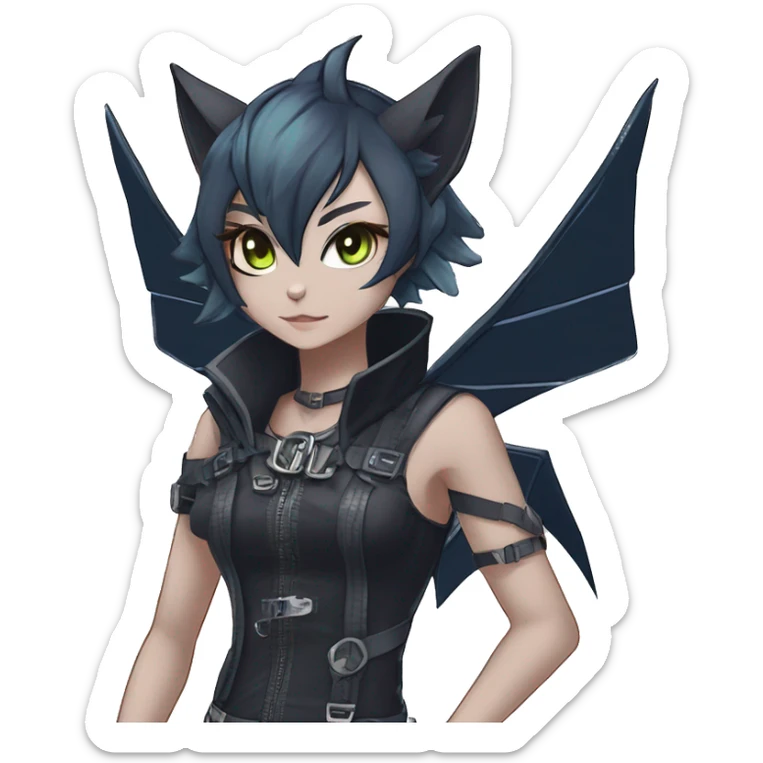 cool kawaii anime edgy distinguished pretty elegant beautiful fantasy black ethereal nargacuga-Noivern-sphynx-Quiana-Fakemon collar techwear harness belt pouches full body sticker