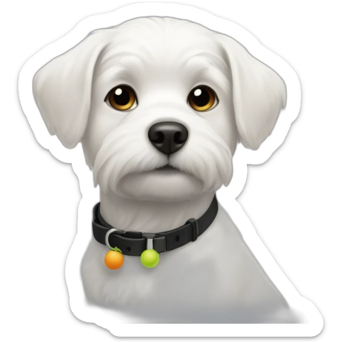 Small white dog short hair like a terries with a tennis ball and a black collar  sticker
