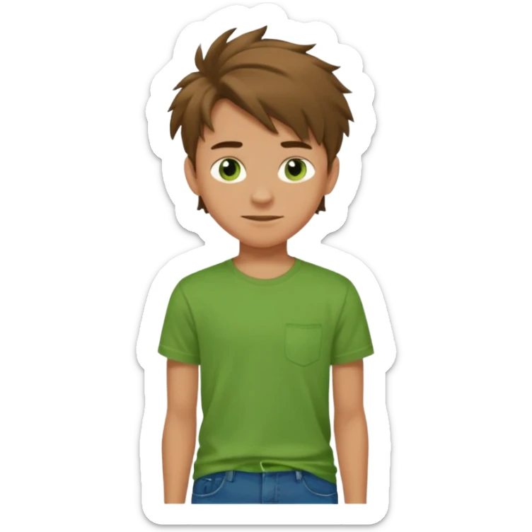 A 14 yerar old teenage boy, slightly tanned, wearing a green tshirt (no pocket), blue jeans and green sneakers with brown tousled hair, smirking sticker