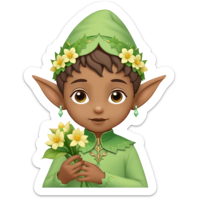 Tiny elf baby brown skin with pointy ears and hat, pastel green outfit, hold flowers sticker