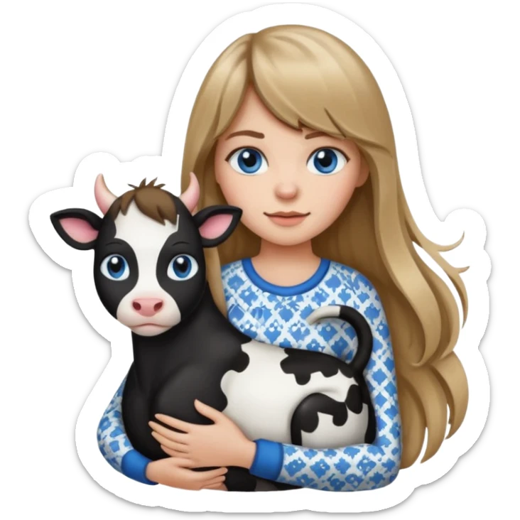 Apple-style emoji sticker of a young woman with long dark blond hair and bang, blue eyes , holding a cat black and white like a cow patch on her chest.  sticker