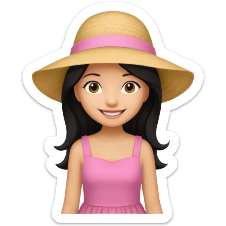 Girl in pink dress and sunhat smiling, black 2 string dress, blakc hair sticker