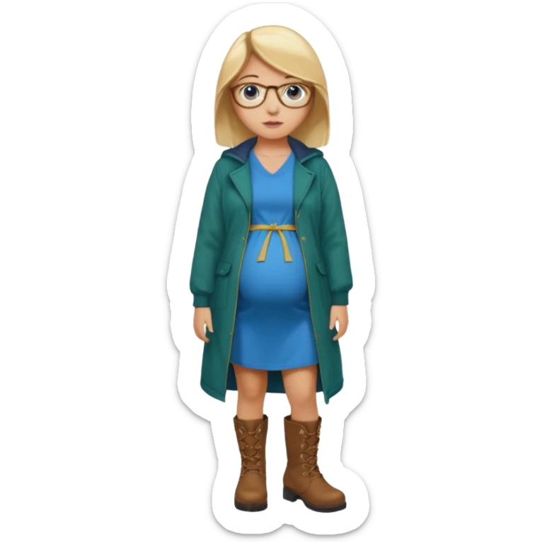 18 year-old pregnant between blonde and brown haired girl with golden glasses with blue eyes in a long bright blue dress and a dark green jacket over the dress and brown boots standing sassily sticker