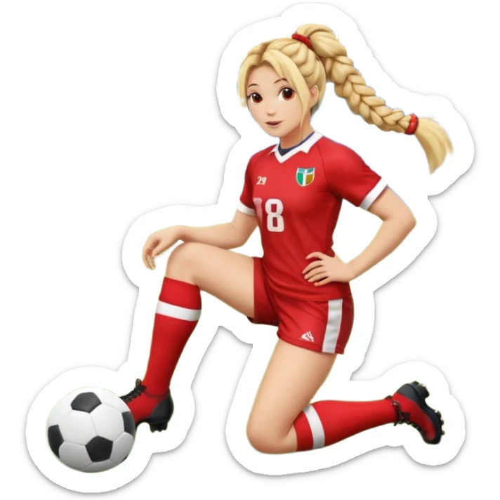 Chica de pelo rubio tirada en el suelo boca abajo agarrando un balón DE RUGBY con las manos vestida con una equipación de color rojo y blanco con líneas y con unas botas de tacos de fútbol, con un bucal en la boca y el pelo con trenzas, se la tienen que ver las 2 piernas  sticker
