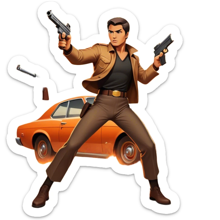 Icon for Action Movie: A vintage movie poster-style design featuring intense action scenes—explosions, gunfire, and dramatic stunts. Include a hero in a dynamic pose with weapons, a car chase, and a fiery background. Retro cinematic feel with bold typography. Transparent background. sticker