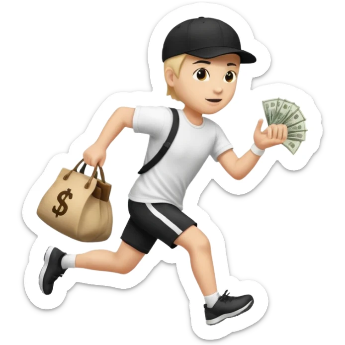 Thief with black cap white t-shirt with black Stripes emoji runing with money bag sticker