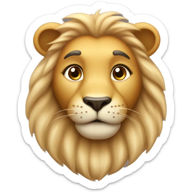 emoji of a cute, round-faced lion with golden fur, small black eyes, an oval nose, and a gentle smile. Include light brown eyebrows and soft gradients for a smooth, cartoonish look. sticker