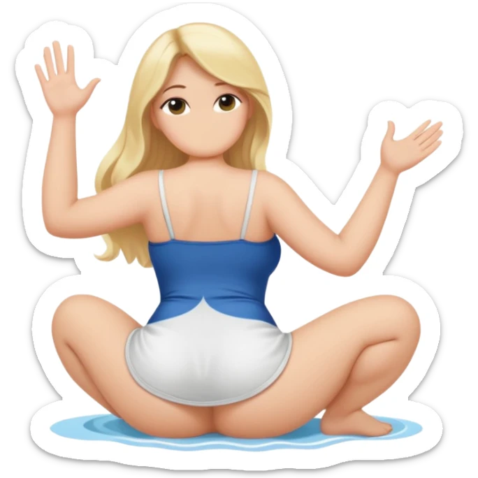 curvy blonde woman, back view, sitting on her soles, waving, SFW, no explicit content sticker