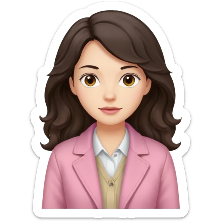 Portrait of woman with dark long wavy hair in white shirt, pink pullover and beige jacket sticker