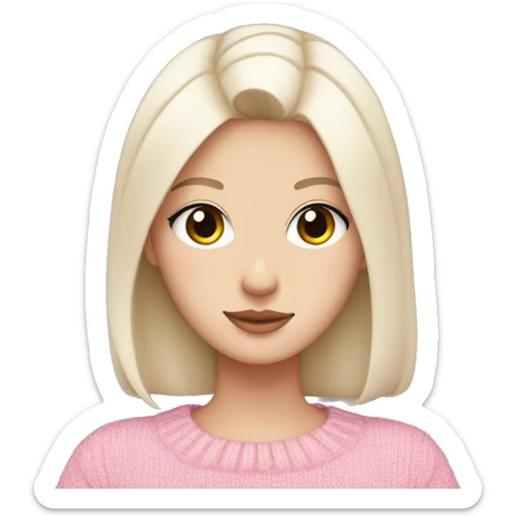 Pretty brown eyed white girl with black hair in a pink sweater holding a white cat sticker