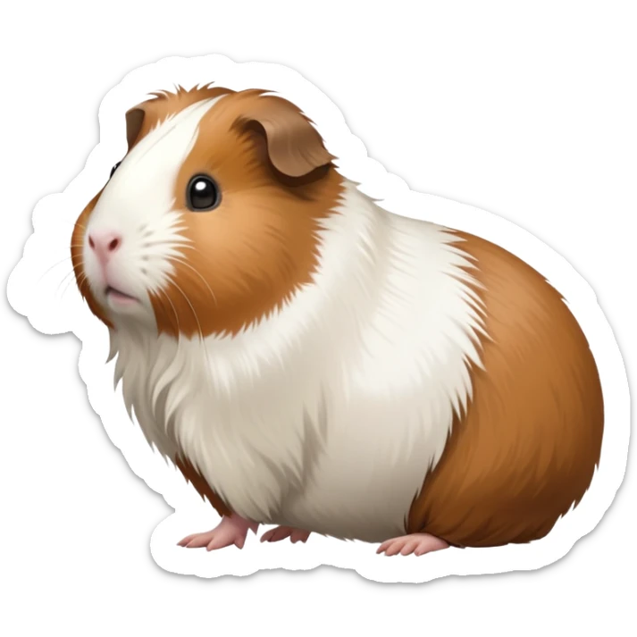 cinematic-[guinea pig]-realistic-full-body-standing-emoji,-tiny-paws-tucked-close,-head-tilted-dramatically,-fluffy-[brown and white]-fur,-simplified-yet-realistic-focused-features,-highly-detailed,-glowing-with-an-almost-sarcastic-glow sticker