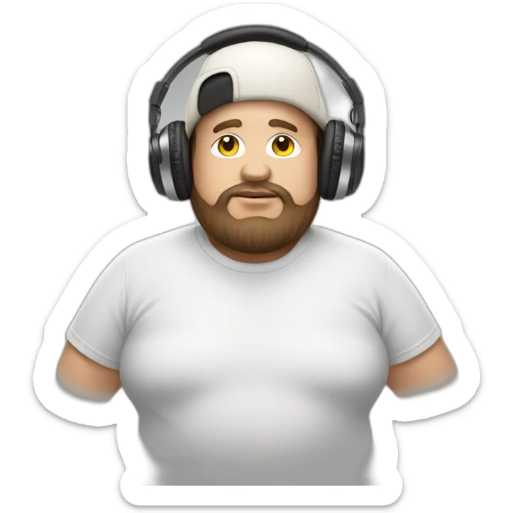 DJ with a cream white hat and headphones hanging over the cap. Brown hair. Fat dude. sticker